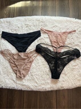 Victoria’s Secret Black and Tan Lace Satin Thong Panties Bundle Size L